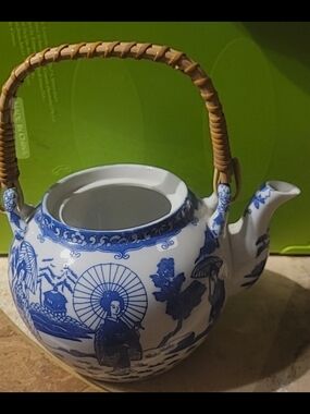 Vintage Japanese Blue and White Porcelain Teapot with Bamboo Handle- Nichi Hon